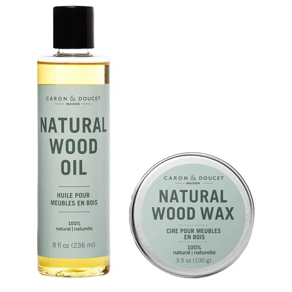 CARON & DOUCET - Natural Wood Conditioning Oil and Wax Bundle - 100% Plant Based Wood Conditioning and Polishing Oil - Orange Scented - Suitable for Natural Wood Furniture. (8oz)