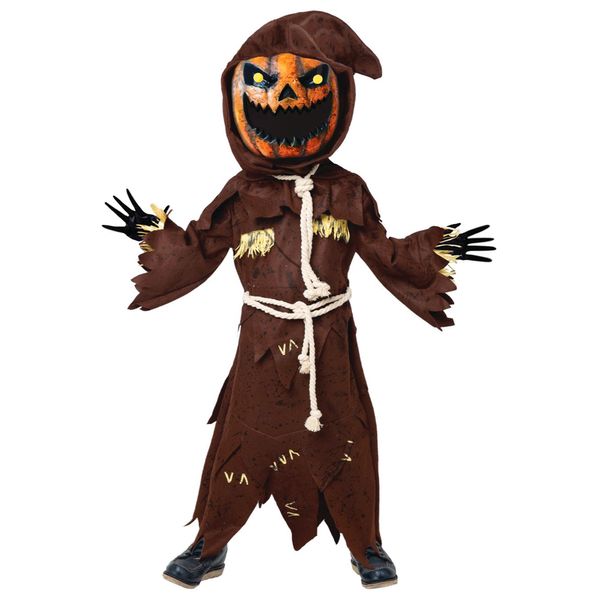 Spooktacular Creations Scary Scarecrow Pumpkin Bobble Head Costume with Pumpkin Halloween Mask for Children, Role Play, Medium, 8–10 Years