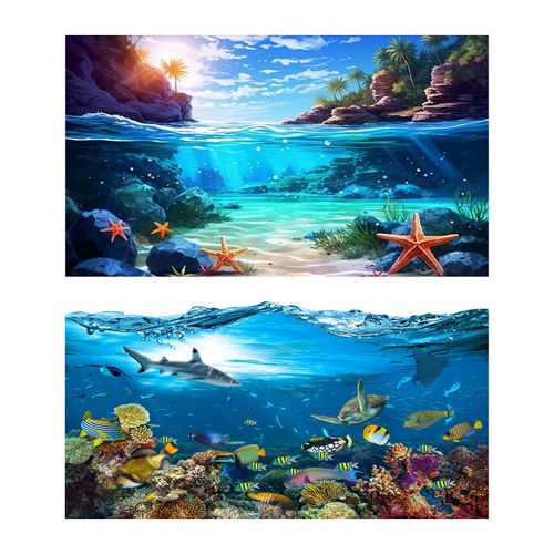 2 Packs Underwater World Fish Tank Background Tropical Maine Turtle Shark Coral Reef Aquarium Background Blue Sky Seashore Island Under The Sea Landscape Aquarium Fish Tank Backgrounds 36x18in