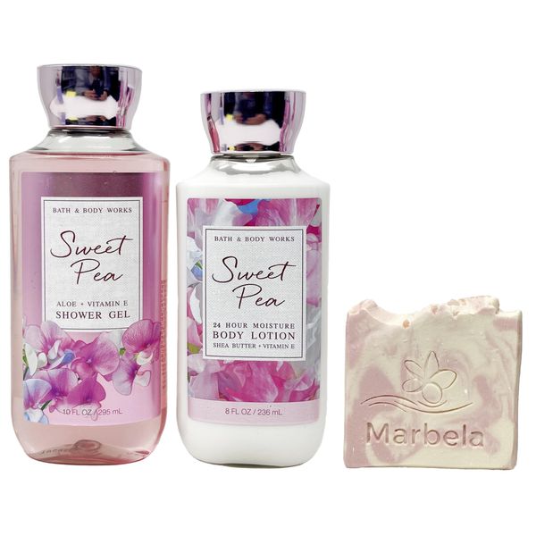 Bath & Body Works Sweet Pea Duo Set - Shower Gel and Body Lotion with a Himalayan Salts Springs Sample Bar Soap