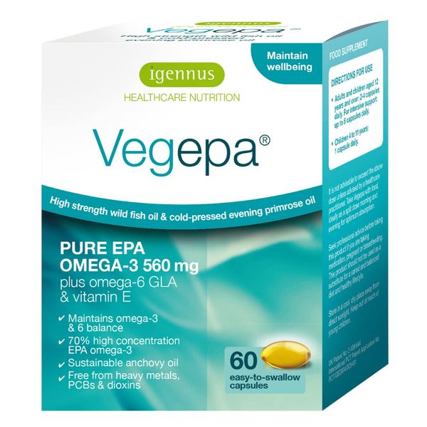 Vegepa Omega 3 Wild Fish Oil & Evening Primrose Oil Blend, 560 mg EPA Plus GLA, 60 Small Softgels