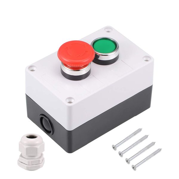 uxcell Push Button Switch Station PG13.5 Cable Gland Instant Green Switch Emergency Stop 440V 10A