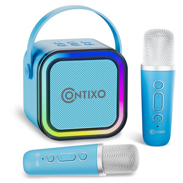 Contixo KS1 Mini Karaoke Machine for Kids, Protable Bluetooth Karaoke Speaker with 2 Wireless Microphones and Dynamic Lights for Boys & Girls Birthday, Home Party, Blue