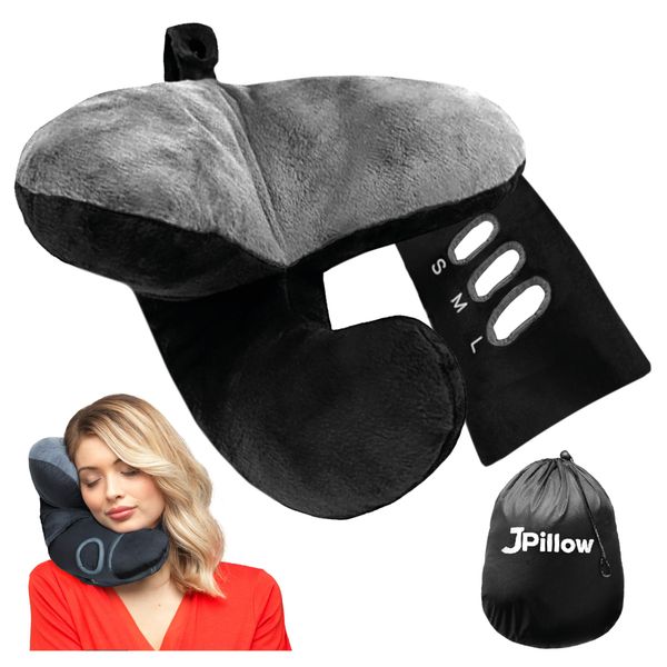 JPillow Travel Pillow for Airplanes - British Invention of The Year - Upgraded with Patented Anti-Slip Scarf - Unique Chin Support - Neck Pillow for Travel - Flight Pillow - Black/Silver