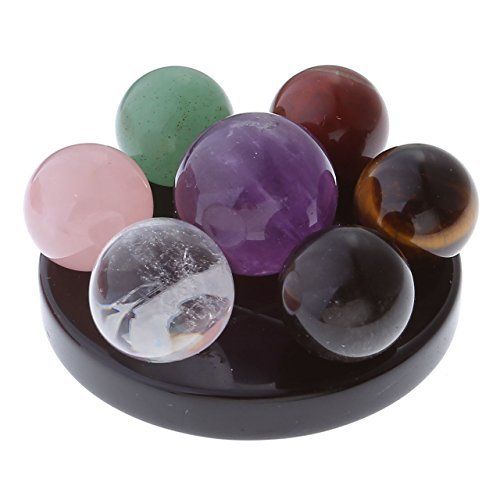 JSDDE 7 Chakra Gemstone Ball Sphere Set on Black Obsidian(Heart Chakra) Hexagram Stand Reiki Healing Crystals Authentic Stress Free Relaxation Fengshui Seven-Star Appetizer Plate