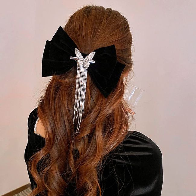 Jumwrit Large Bow Hair Clip Rhinestone Ponytail Hair Clip Silver Butterfly Barrette Long Tassel Hairpin Fashion Hair Styling Accessories for Women Girls（Black）