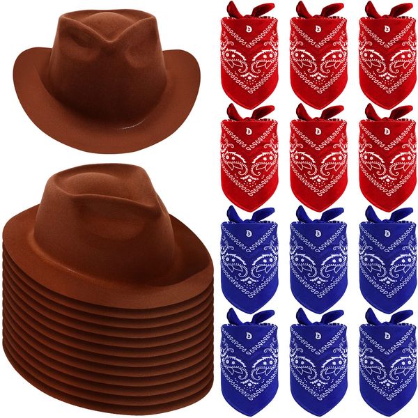 24 Pieces Western Cowboy Hat Set, Felt Cowboy Themed Party Hats with Paisley Bandanas for Adult Kids Cowboy Costume Party (Brown, Red, Blue)