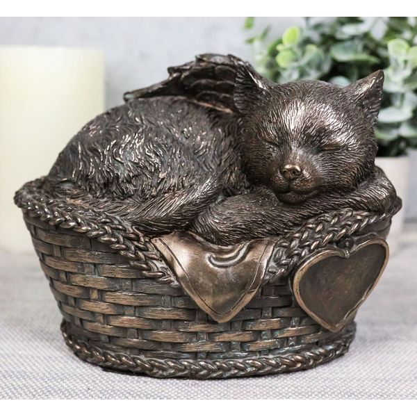 Heavenly Angel Cat Sleeping in Wicker Bed Cremation Urn Pet Memorial Statue