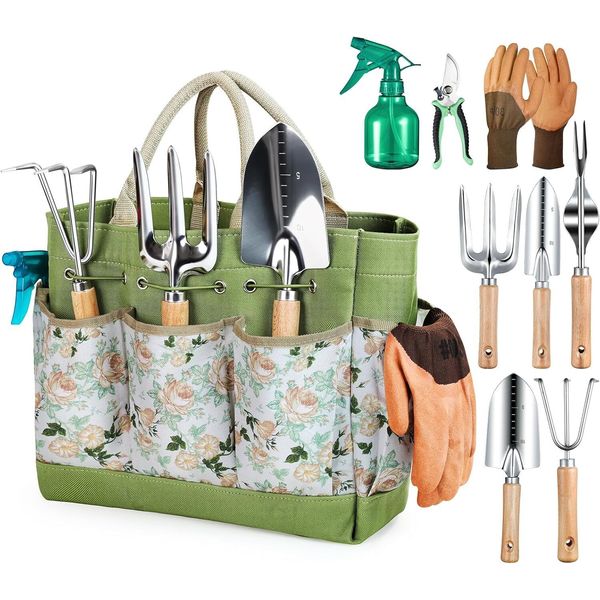 9-Piece Heavy Duty Gardening Hand Tools with Fashion Organizer bag, Rust-Proof