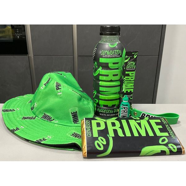 Prime Glowberry DAMAGED Bottle, Chocolate Bar, Keyring, Stick & Bucket Hat