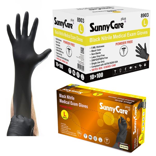 SunnyCare 5.0 Mil 8903 Black Nitrile Medical Exam Gloves Powder Free Size: Large 1000pcs/case ;100pcs/box;10boxes/case