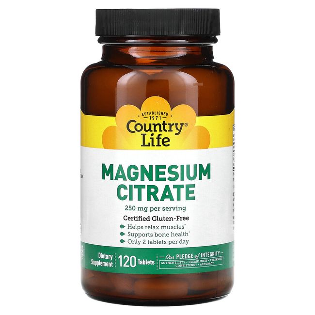 Country Life Magnesium Citrate 250 mg 120 Tablets Gluten-Free, GMP Quality