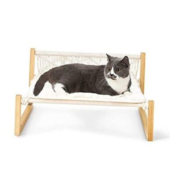 Boho Cat Bed Hammock with Blanket, Macrame Elevated Pet Bed for Indoor, Floor