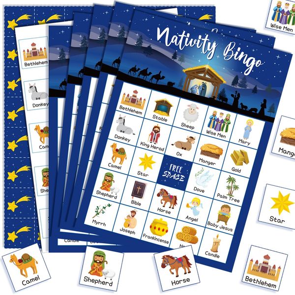 Shappy 35 Pieces Christmas Nativity Bingo Game Christian Bingo Game 24 Players Nativity Bingo Cards Christmas Games for Family Friends School Classroom Activities Holiday Party Favors(Nativity)