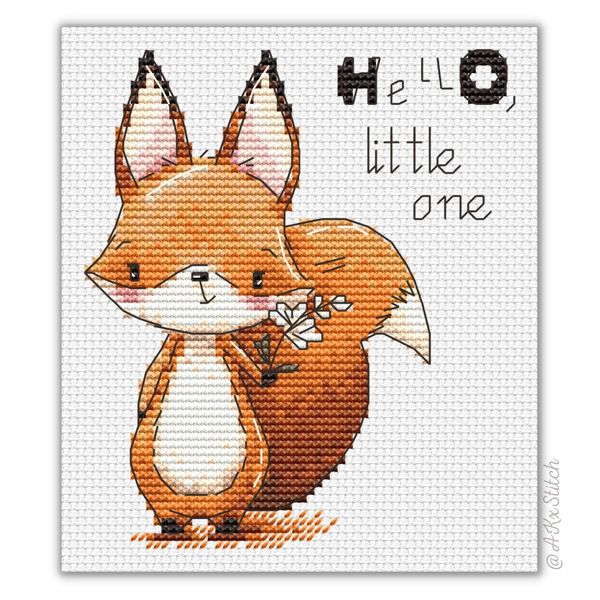 Kreuzstich-Set, Motiv: Fuchs, Hello Little One, Stickmuster, Stickmuster zur Geburt, Karte zur Geburt, DMC Fäden und Aida, modernes Geschlechtsneutrales Muster