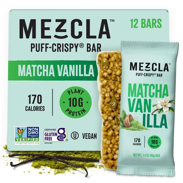 Mezcla Vegan Protein Bars, Gluten Free Snack Made with Pumpkin Seeds, Pea Protein, Organic Vanilla and Other Premium Ingredients, Healthy Snacks, Matcha Vanilla, 10g of Protein, 12 Pack