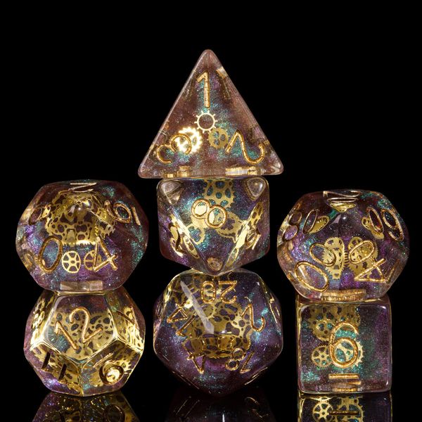 cusdie 7-Die DND Dice, Polyhedral Dice Set Filled with Gears, for Role Playing Game Dungeons and Dragons D&D Dice (Galaxy)