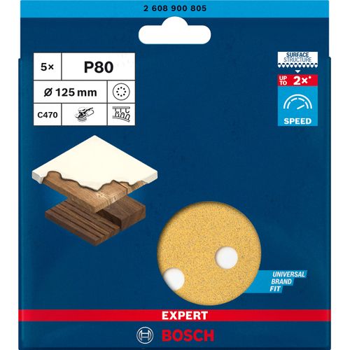 Bosch Professional EXPERT C470 Sandpaper for 5x Random Orbital Sanders 8 Holes (Painted Wood, Hardwood, Disc Diameter 125 mm, Granular# 80, Accessory Random Orbital Sander)