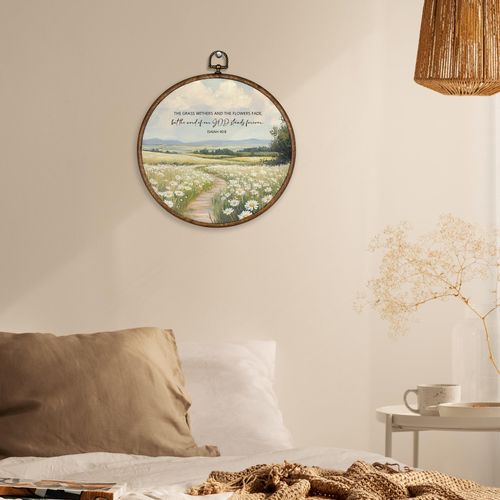 XBBMGG Christian Wall Art Decor, Farmhouse Cottagecore Wildflower Daisy Bible Verse Round Wall Hanging Decor, Scripture Isaiah 40:8 Framed Canvas Prints for Home Bedroom Living Room Decorations,10x10