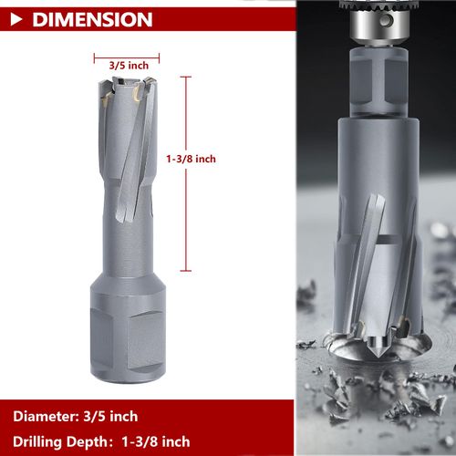 GRIXLEN 3/5" x 1-3/8" Annular Cutter with Weldon Shank,Carbide Tip Annular Drill Bit for Stainless Steel, Iron (1-3/8" Depth, 3/5" Diameter)