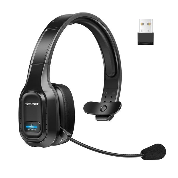 TECKNET Bluetooth Headset mit Mikrofon, PC Headset mit Rauschunterdrückung, Headset Home Office Kabellos, Bluetooth Chat Headset für Call-Center, Handy, Büro, Zoom, Microsoft Team, Skype