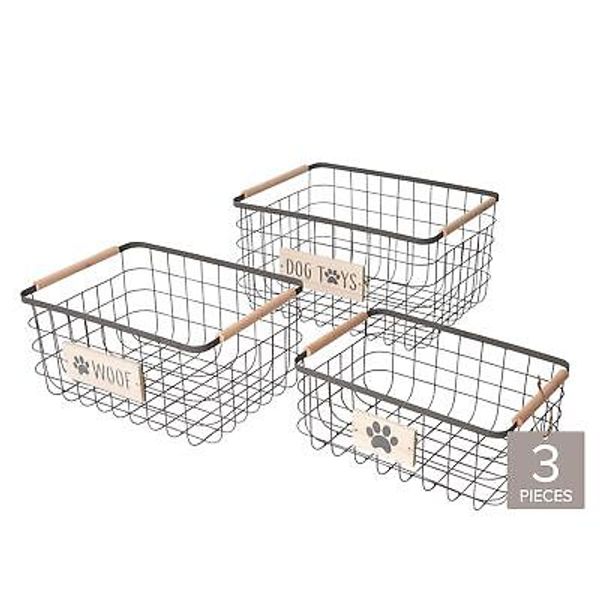 Dog Toy Storage Baskets – Set of 3 Rectangular Metal Organizer Bins for Pet a...