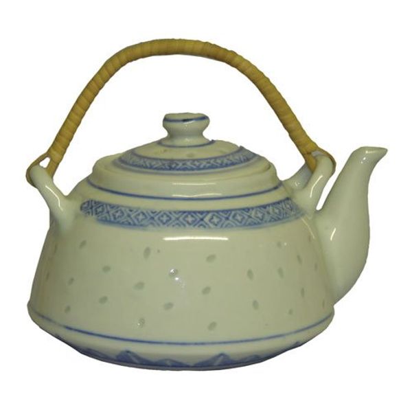 Blue and white rice pattern teapot - porcelain, bamboo handles