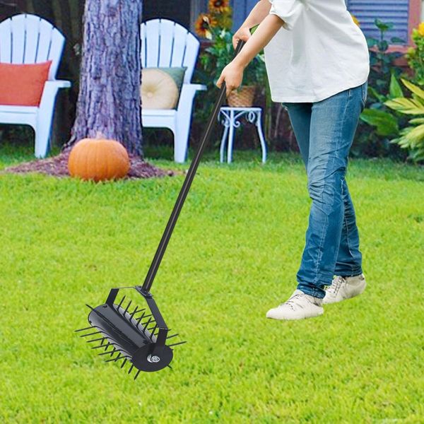 Rolling Manual Lawn Aerator Tool Pusher Handle Push 58 Inch Yards Gardens Home