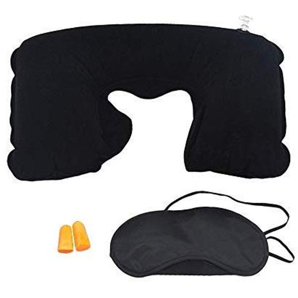 MSC Inflatable Travel Pillow and Eye Mask Travel Set Includes with Ear Plugs Suitable for Plane, Car and Train, Reading Neck Pain Relief blackTravel Set1pc