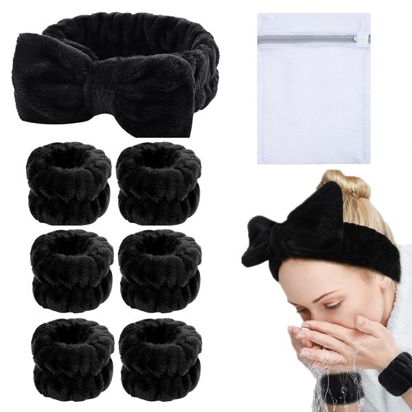 Spa Wrist Washband Set 6 Pieces Absorbent Headband and Wristband for Washing Face Facial Makeup Headband with Laundry Bag Wristbands for Women Girls (Black)