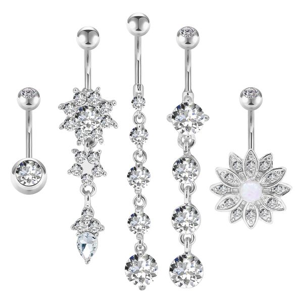 Dangle Belly Button Rings , Zhichengbosi 14G 316L Stainless Surgical Steel Navel Rings Body Jewelry Piercing (silver)