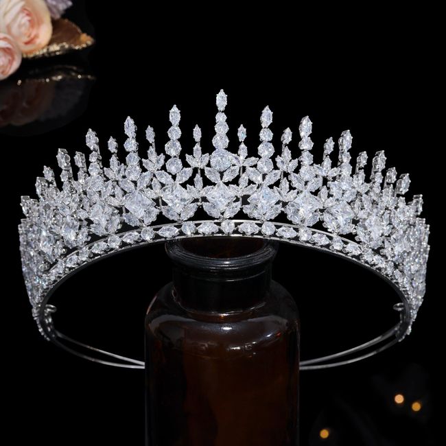 Tall Full Cubic Zirconia Tiaras Princess CZ Queen Bridal Crowns for Bride Wedding Party Pageant Headpiece Hair Accessories (Silver 2)