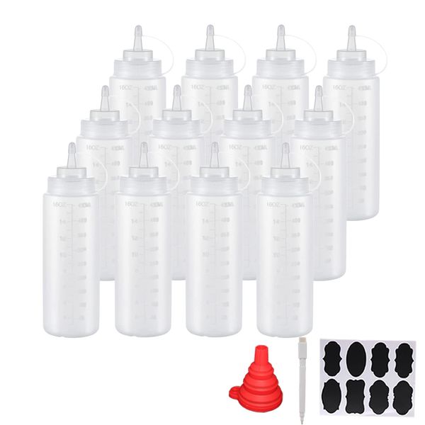 YBCPACK 12 Pack 16 oz（500ml） Plastic Squeeze Squirt Condiment Bottles with Twist On Cap Lids & Label, A Pen, 1 Funnel-Squeeze Sauce Bottles Dispenser for Condiment, Ketchup, Hot Sauce, Oil