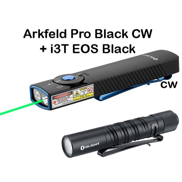Olight Arkfeld Pro Black CW Flashlight (LED Light/UV/Green Beam) & I3T Black