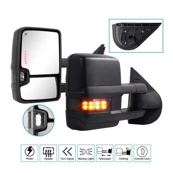 Towing Mirrors for 2007 2008 2009 2010 2011 2012 2013 Chevy Silverado Suburban Tahoe Avalanche GMC Sierra Yukon with Power Glass Turn Signal Light Backup Lamp Heated Extendable Pair