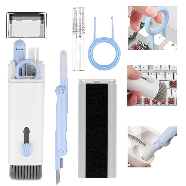 7 in 1 Elektronik Reinigungsset,Airpods Tastatur Reinigungsset,Keyboard Cleaning Brush Kit,Multifunction Earphones Cleaner,Screen Cleaner Kit Handy für Kopfhörer,Laptop,Telefon,PC-Monitor(Blau)