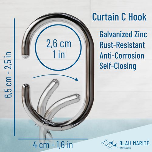 Blau Marité 12 Metal Shower Curtain Hooks, Rust-Proof Decorative C-Shaped Curtain Hooks for Bathroom, Chrome Shower Curtain Rings, Fits Rods Up to 1 Inch (C, Silver)