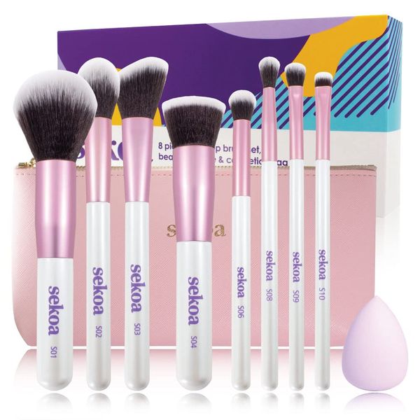 Professional Makeup Brush Set, 8 Piece Vegan Make up Brush Set with Cometic Case & Blending Sponge