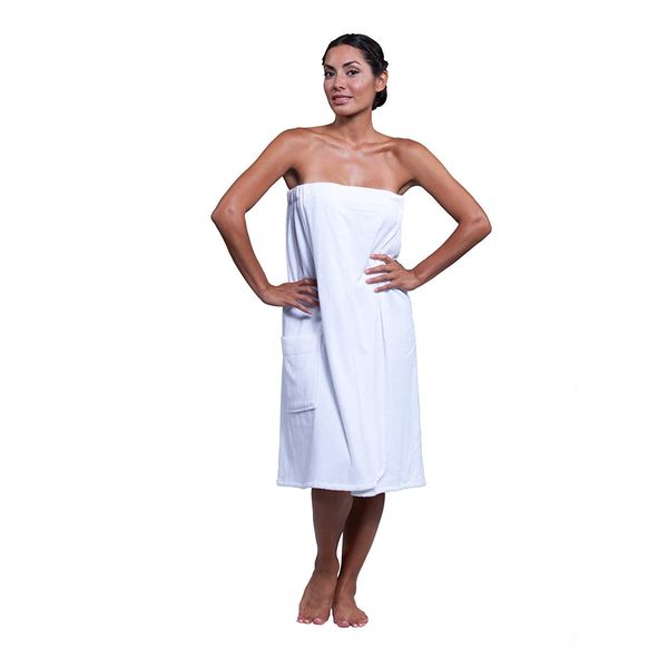 Boca Terry Womens Spa Wrap - 100% Cotton Spa, Shower, Bath and Gym Towel w Snaps, Towel Wrap for Women, White, Medium/Large