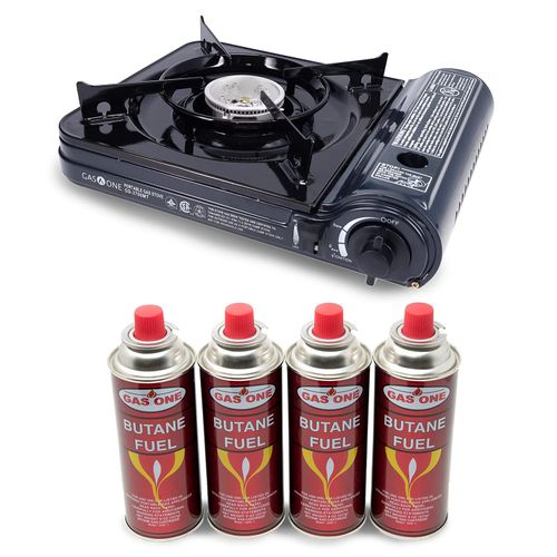 Gas One 10,000 BTU Portable Butane Gas Stove with 4 Pack Fuel and Carrying Case - Midnight