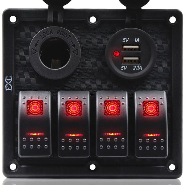 FXC Waterproof Marine Boat Rocker Switch Panel 4 Gang with Dual USB Slot Socket + Cigarette Lighter Red LED Light for Car Rv Vehicles Truck