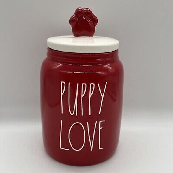 Rae Dunn Canister Puppy Love Cookie Jar Dog Paw Topper Pets Dog Treats Used Red