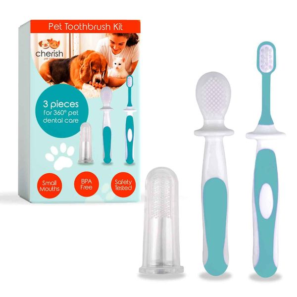 Cherish Pet Care Dog Tooth Brushing Kit (3pcs) - Dog Finger Toothbrush, Double-Sided Toothbrush, Small Dog Toothbrush, Dog Teeth Cleaning, Puppy Tooth Brushing Kit, Small Dog Tooth Brushing Kit