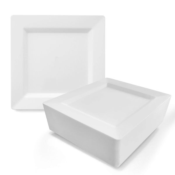 Oasis Creations White Square Plates Set 10" - 50 count - Premium Hard White Disposable Plastic - Disposable and Reusable - Salad Plate - Appetizer Plate - Dinner Plate - Party Plate Set