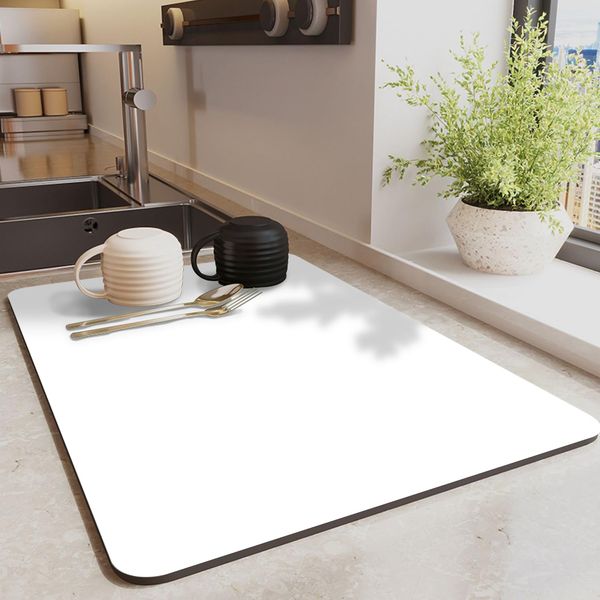 Drying Mat, Diatomaceous Earth, Quick-drying Absorbent Mat, Dish Drying Mat, Rolled, Storage, Slip, Dish Placement, Quick Drying, Oil-Resistant, Easy to Clean (15.7 x 23.6 inches (40 x 60 cm), White