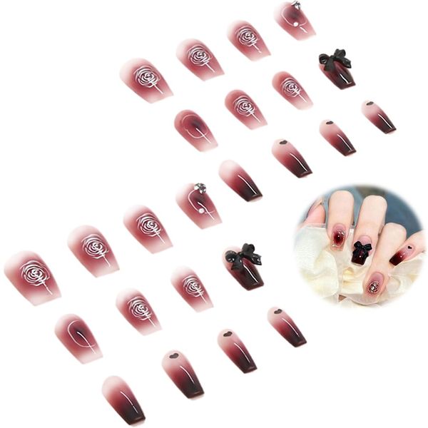 24 pezzi Bordeaux French Tip Press on Nails Medium Square Finte Nails False Nail Square French Press ons Square Nail Artificial Nail for Women Girls