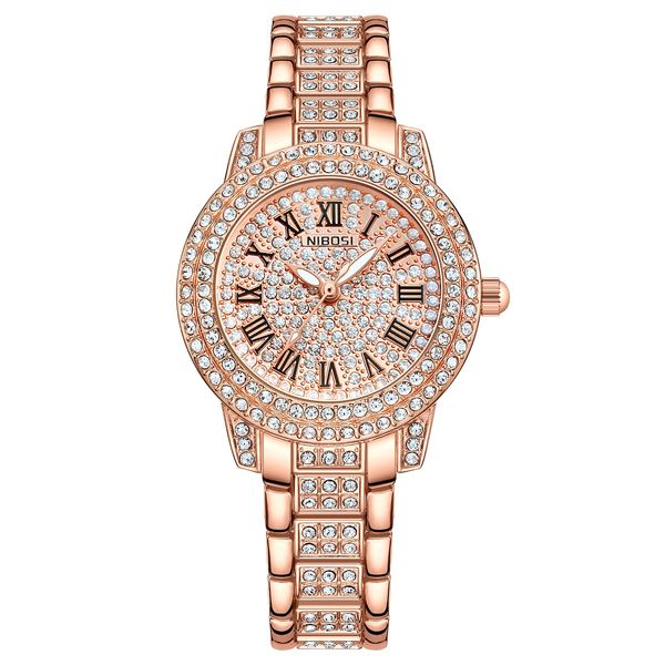 NIBOSI Women's Watch Analog Blue Dial Wrist Watch for Ladies&Girls Luxury Diamond Stone Dress Watch with Rose Gold Strap Jewelry Bracelet