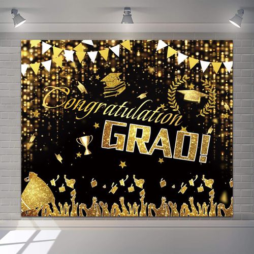 Graduation Backdrop Congratulations Graduate 10x8ft Vinyl Photography Black Gold Glitter Celebration Party Decorations for School Prom Party Photoshoot Background Backdrop Banner Supplies