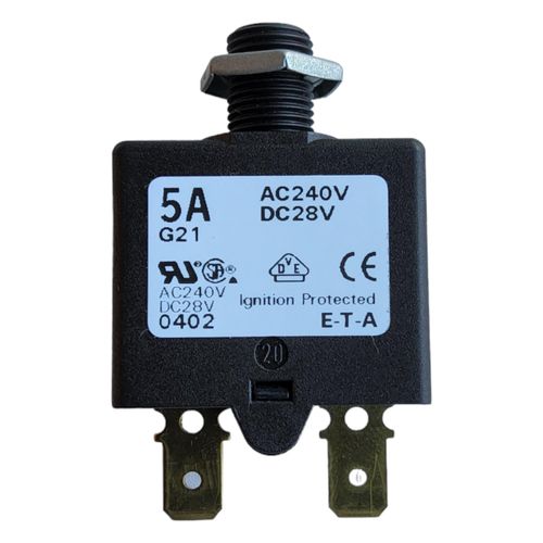 E-T-A Circuit Protection and Control 1658-G21-01-P10-5A, Circuit Breaker; Therm; Push; Cur-Rtg 5A; Flange; 1 Pole; Vol-Rtg 240/28VAC/VDC