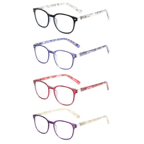 JM Reading Glasses Women with Spring Hinge 4 Pack, Lightweight Quality Vintage Readers Colorful Square Glasses for Ladies +1.5 Magnifying